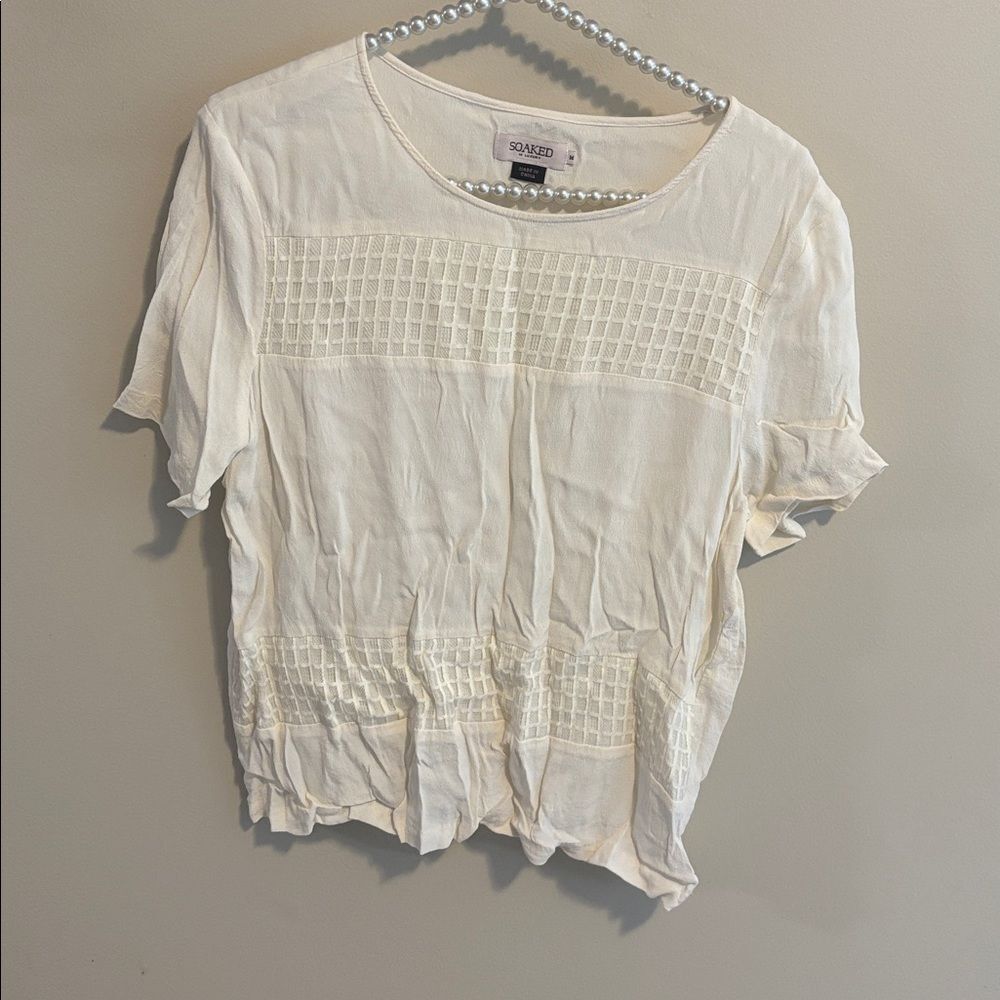Soaked Luxury Cream White Lattice Pintuck Short Sleeve Blouse Top Medium M Crew